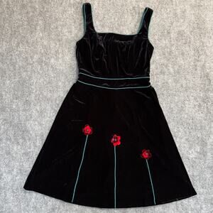 Vintage JSC Black Velvet Fit Flare Dress Floral Applique Made Canada Size 8